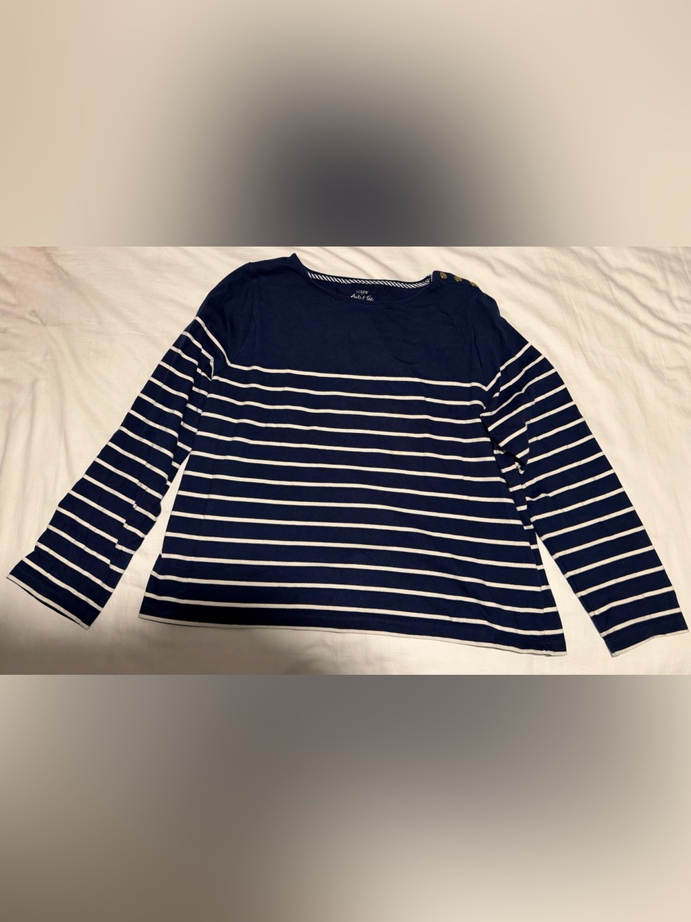 J. Crew Navy & White Striped Long Sleeve Boatneck Top with Shoulder Buttons
